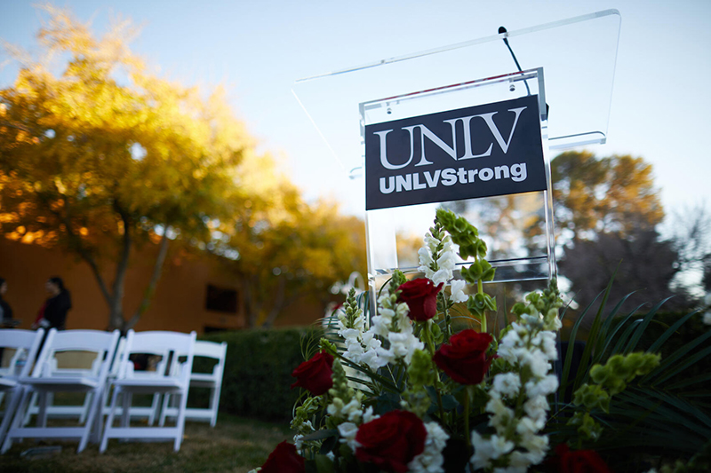 A podium with the UNLV Strong sign on the front. 